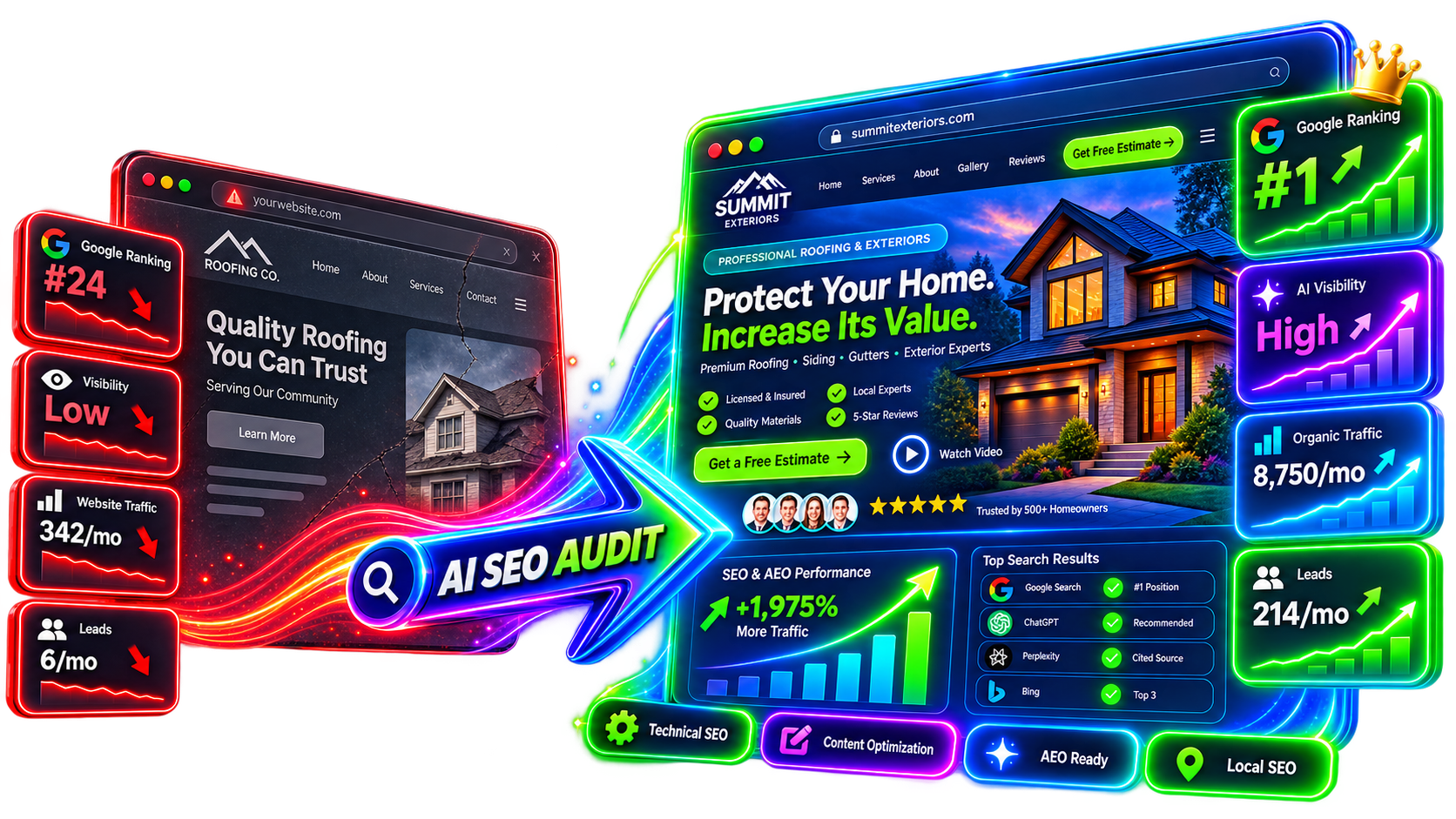 Before and after SEO and AEO optimization showing rankings, traffic, and leads improving