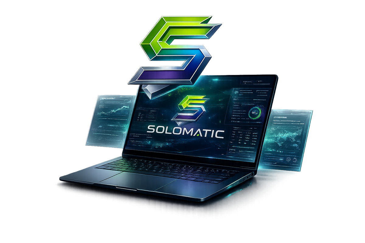 SoloMatic AI Revenue Command Center — laptop dashboard with holographic panels